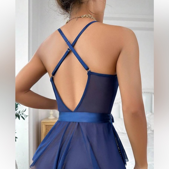 Contrast Lace Mesh Ruffle Hem Belted Teddy Bodysuit - Picture 2 of 2